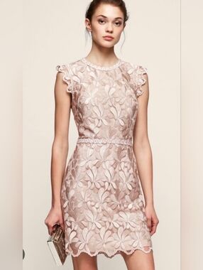 Reiss  Sami Blush Lace Midi Dress with Leaf Appliqué Size 0